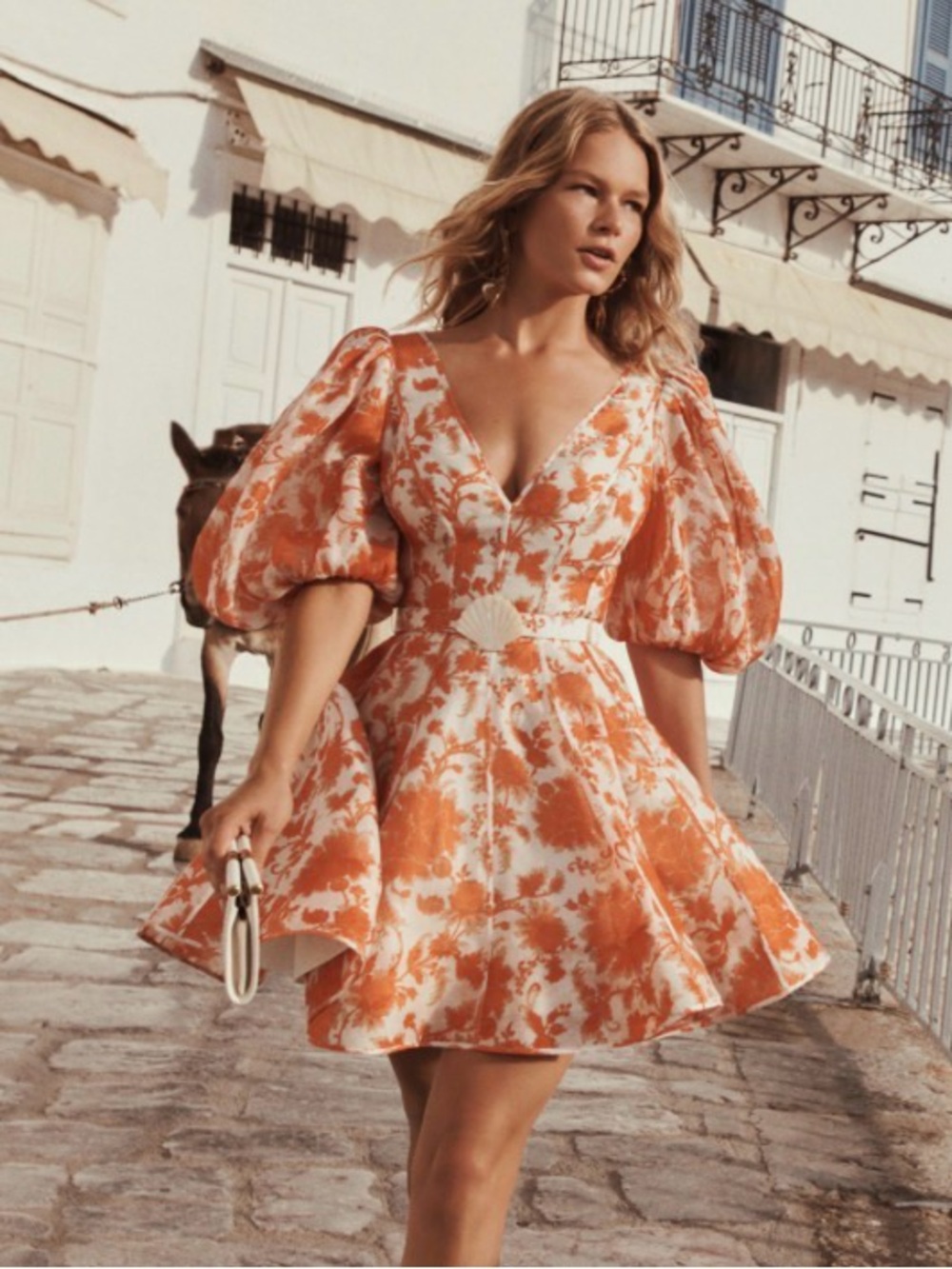 Zimmermann Postcard puff sleeve Orange and White Floral V-Neck Mini Dress